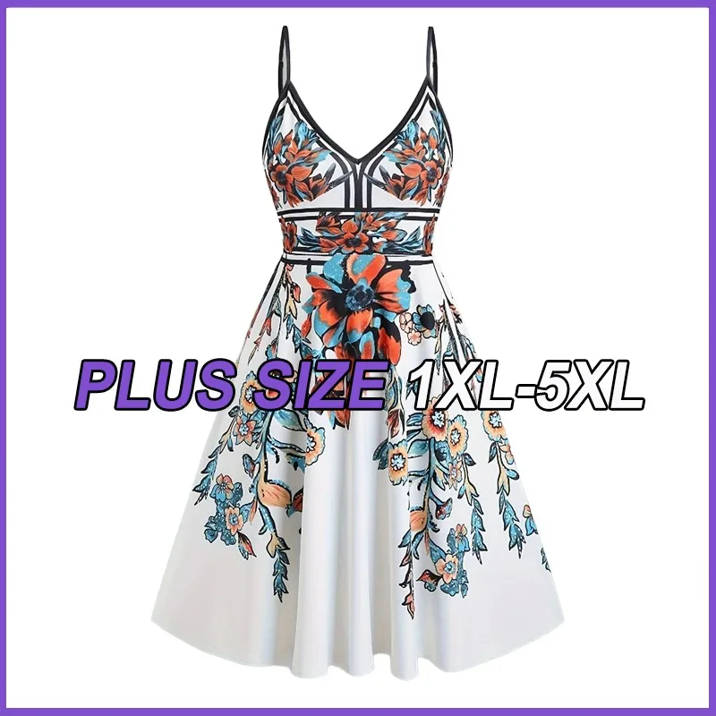 

Summer Plus Size Dresses For Women Holiday Flower Leaf Printing Large Size Frocks 3XL 4XL 5XL Trumpet A-shaped Sling Mini Dress