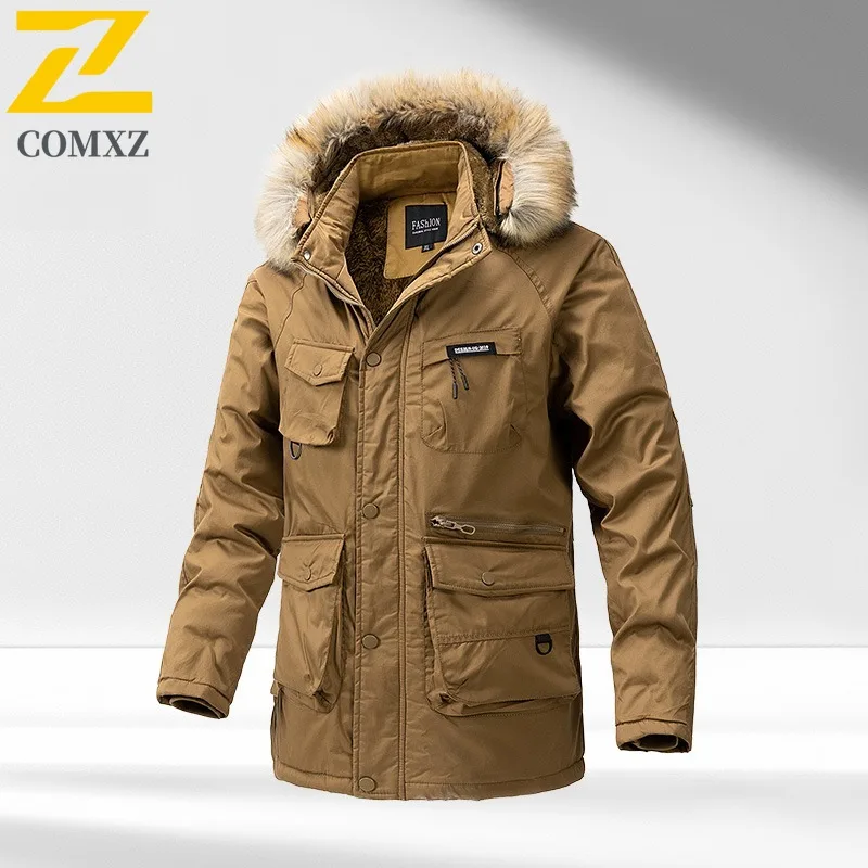 COMXZ 2025 Chaqueta larga de invierno de lana gruesa coreana para hombre estilo americano impermeable y resistente al viento abrigo deportivo de ocio al aire libre