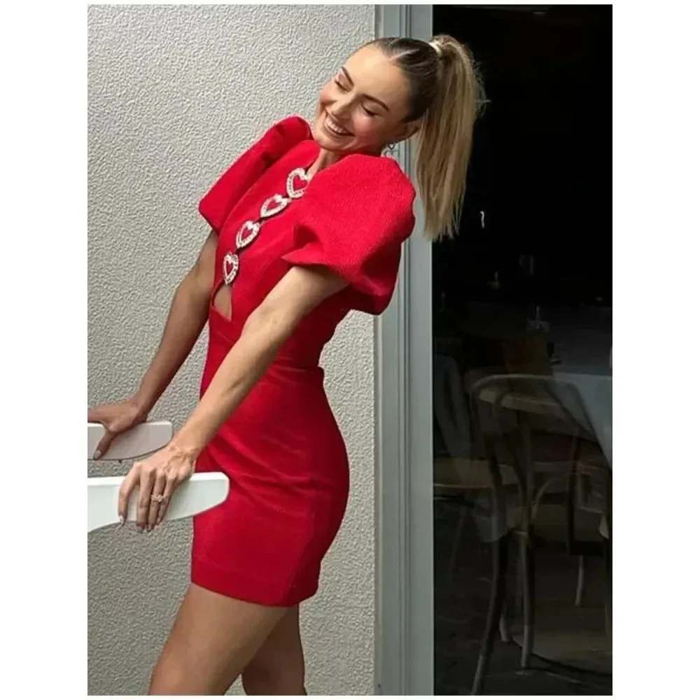 Robe de soirée sexy en métal pour femmes, évider, manches courtes bouffantes, mini robes rouges minces, robes de soirée élégantes pour dames, mode 2024