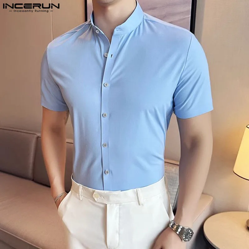 

Stylish Casual Style Tops INCERUN Handsome Men's Fitted Stand Neck Design Shirt Male Streetwear Solid Short Sleeved Blouse S-5XL