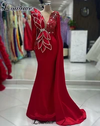 2024 Red Crystals Celebrity Dresses For Women Long Sleeves Evening Gowns Pearls Special Occasion Dresses Vestidos De Gala