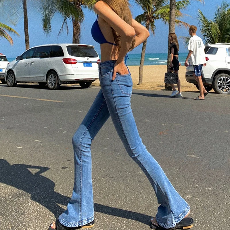 

American Sle Retro INS Micro Flared Jeans Women's High Waist Elastic Slimming Long Leggings Trendy Cotton Stretch Denim