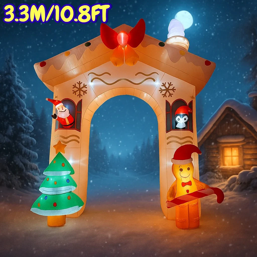 

3,3 м/10,8 футов пряничный домик Санта-Клаус, пингвин, рождественские украшения, домашние надувные игрушки со светодиодной подсветкой, рождественские украшения для двора