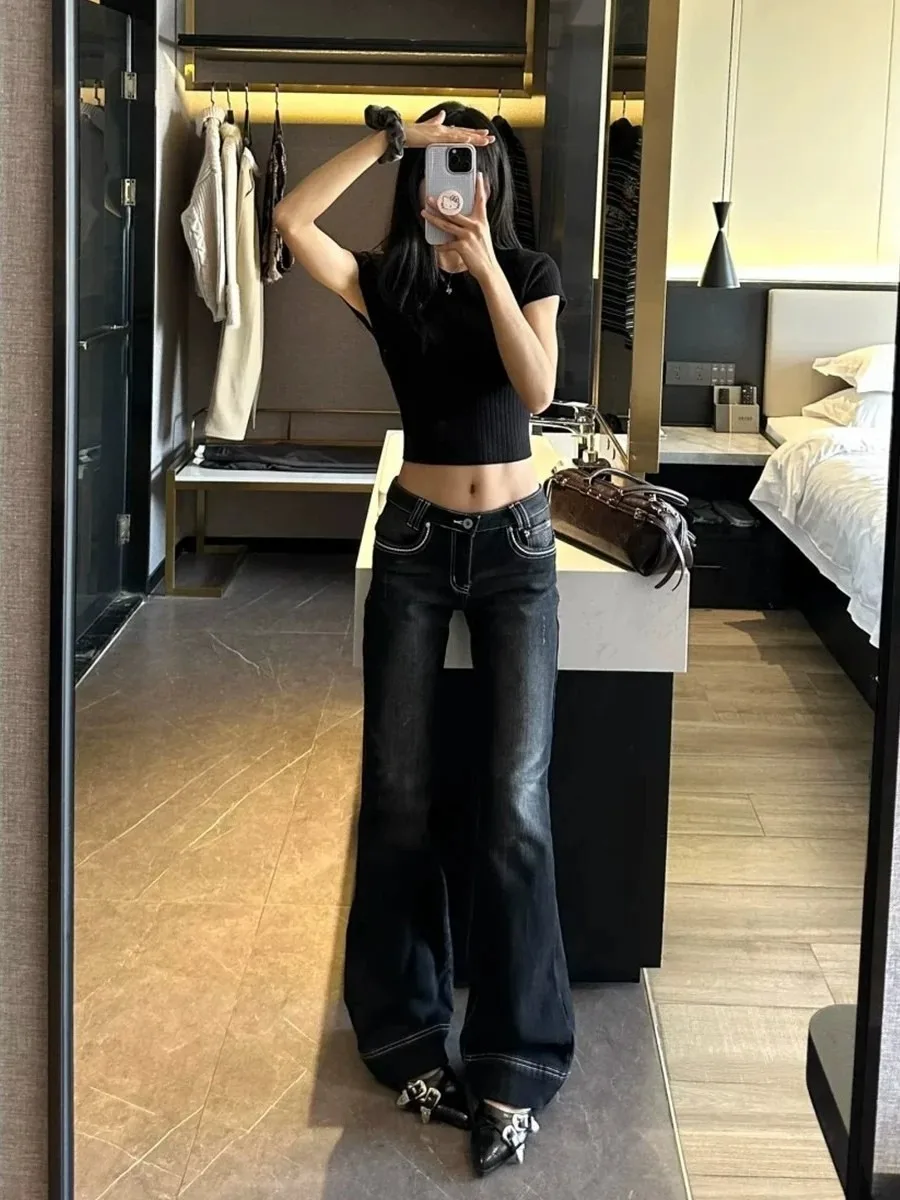 Low Waist Bell Bottom Denim Jeans Women's plus Size Retro Black Grey Hot Girl Straight Leg Slimming Pants Casual Wear