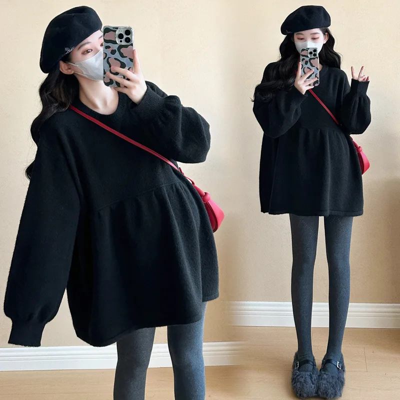 صغيرتي الأمومة أعلى الخريف الشتاء جديد فضفاض صالح كم طويل جولة الرقبة سترة فستان منتصف طول أبلى للنساء الحوامل