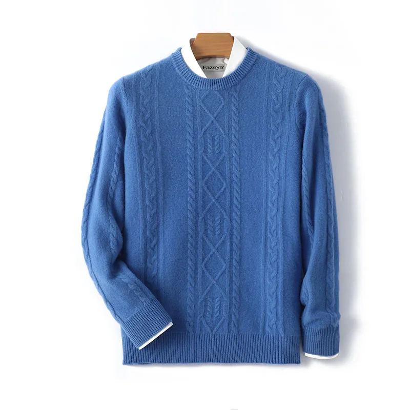 

Business Casual Round Neck Pullover Men's Wool Sweater Fashion Loose Diamond Twist Pattern 100% Wool Knitwear