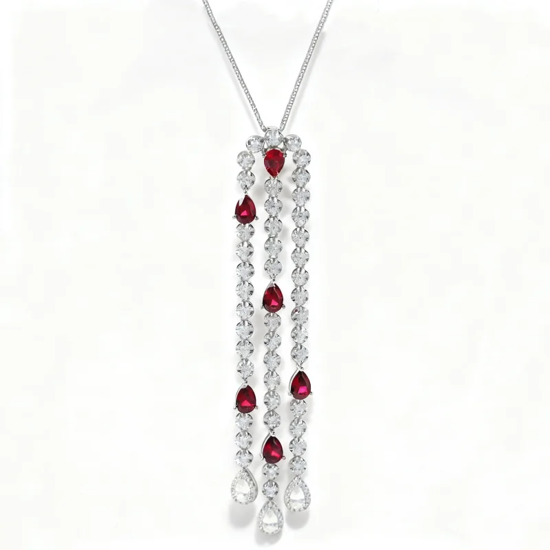 CAMEO Pendant Chain 925 Silver Synthetic Zircon Red White Water Drop Tassel Full Diamond Fashion High-end Necklace