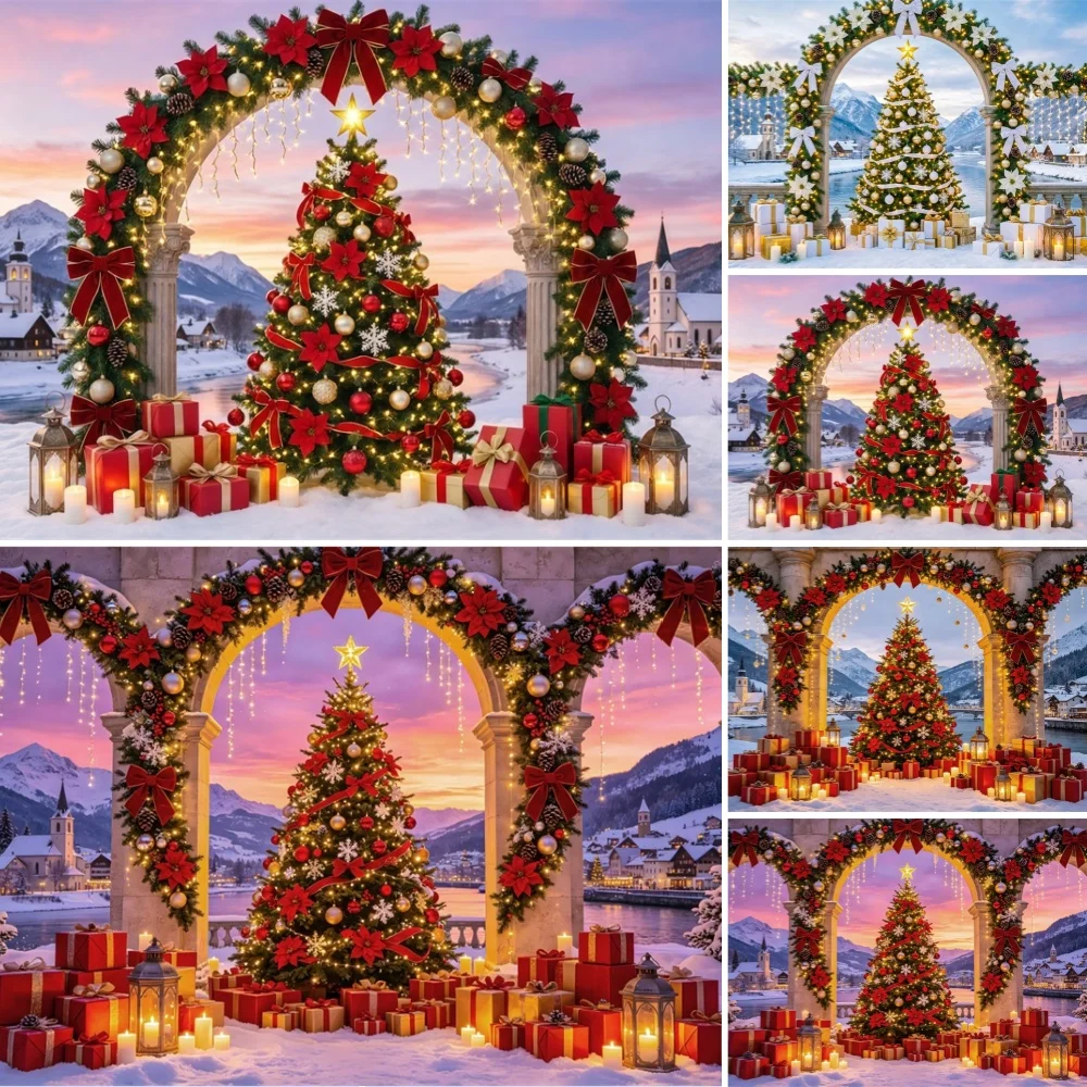 Christmas Winter Party Backdrops Snow Town Arch Door Xmas Tree Gift Decor Outdoors Wedding Portrait Photocall Photography Props