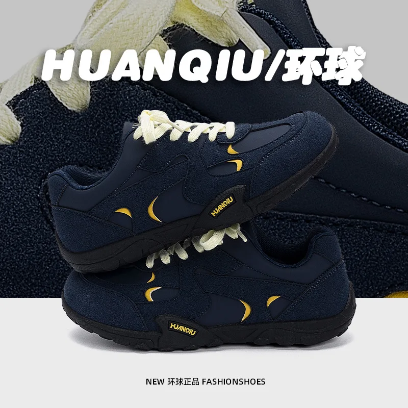 Navy Blue Retro Casual Sneakers Women Men Suede Mesh Breathable Cream Laces Fashion Comfortable Non-slip Walking Running Shoes