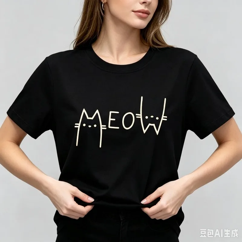 MEOW Cat Line Art Front Print T‑Shirt Modal Women Short Sleeve Tee Minimal Kitten Graphic Casual Streetwear Weekend Hangout Top