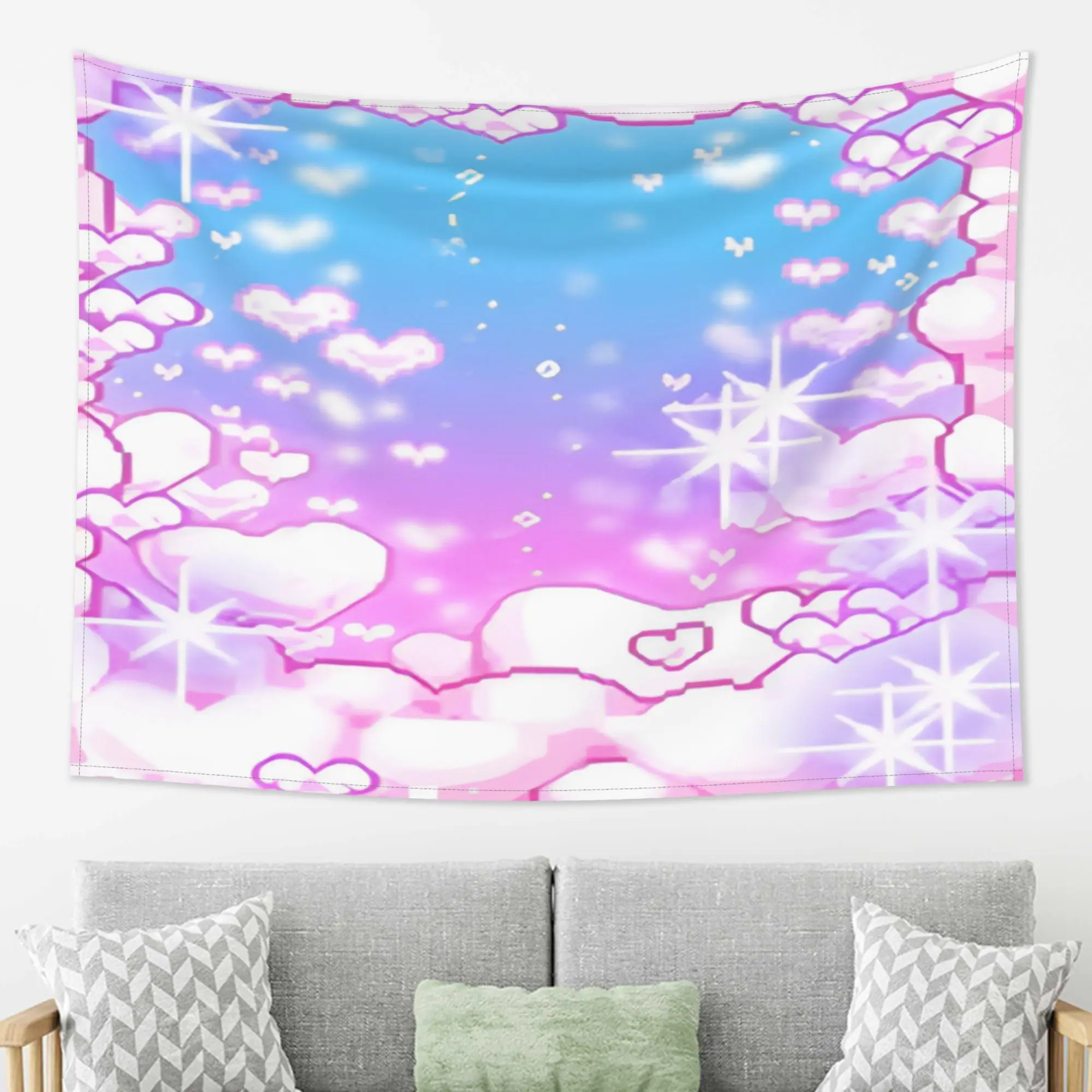 Dreamy Cloud Tapestry, Pink Heart Sky Wall Hanging, Y2K Aesthetic Room Decor, Sparkle Stars Pastel Gradient Art, Fairycore Vibe
