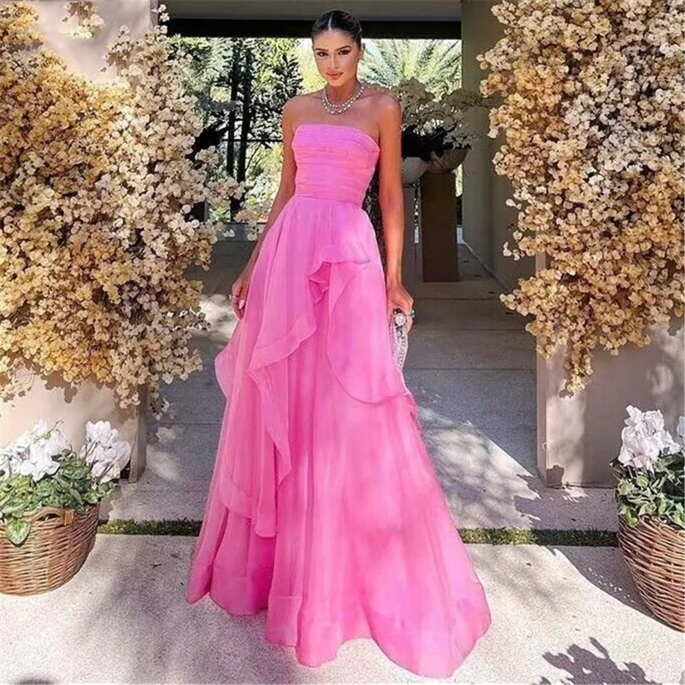 Fnoexw Tulle Pink Strapless Ruffles Prom Dress Sparkling Debut Party Formal Evening Dressفساتين للحفلات الراقصة Robes De Soirée