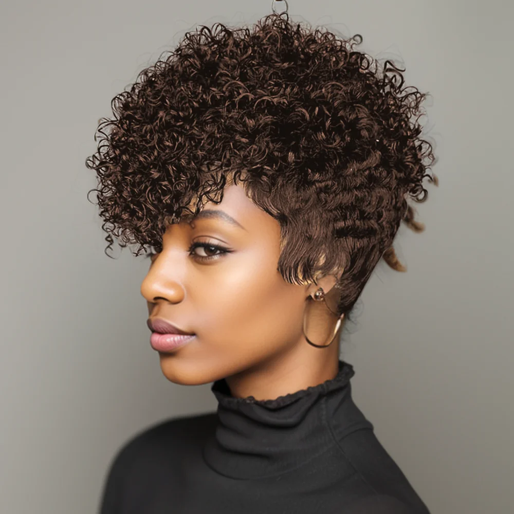شعر مستعار أفرو غريب مجعد قصير للنساء # 4 شعر بشري ريمي 100% بني اللون، شعر مستعار أفريقي مصنوع آليًا #1