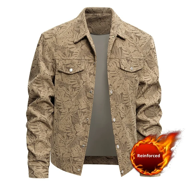 

Men's Plant Print Work Jacket with Lapel and Multiple Pockets + Vintage Pattern Design, Available in Black/Khaki/Light Gray, Trendy for Autumn and Winter Outings/Essential for Vintage Outfits