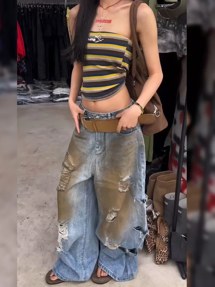 

Ретро-джинсы в американском уличном стиле, выцветшие, широкие, в пол, рваные, повседневные, унисекс, с высокой талией, на молнии