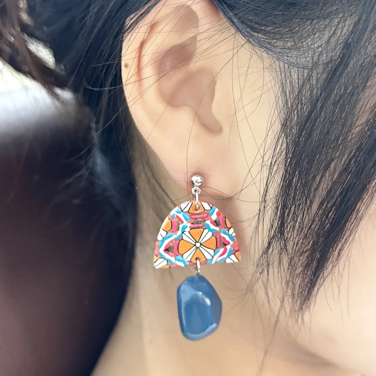 

American Vintage Yellow and Blue Contrast Acrylic Earrings Irregular Geometric Statement Long Drop Earrings