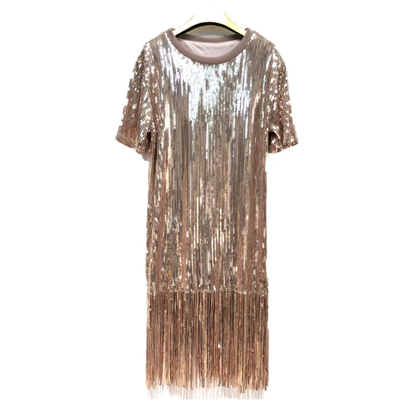 Cakucool Heavy Sequined Tassels X long Shirt Korean Design Round Neck Straight Long Shiny Silver blouse Sexy Evening Vestido