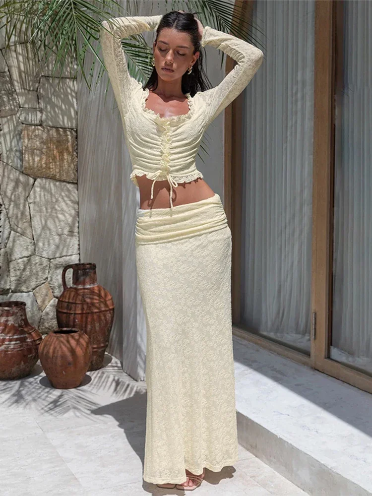 

Leosoxs Creamy Color Style 2 Piece Set Women Ruffles Low-Neck Shirring Crop Tops+Ruched Waist Long Skirts Street Elegant Suit