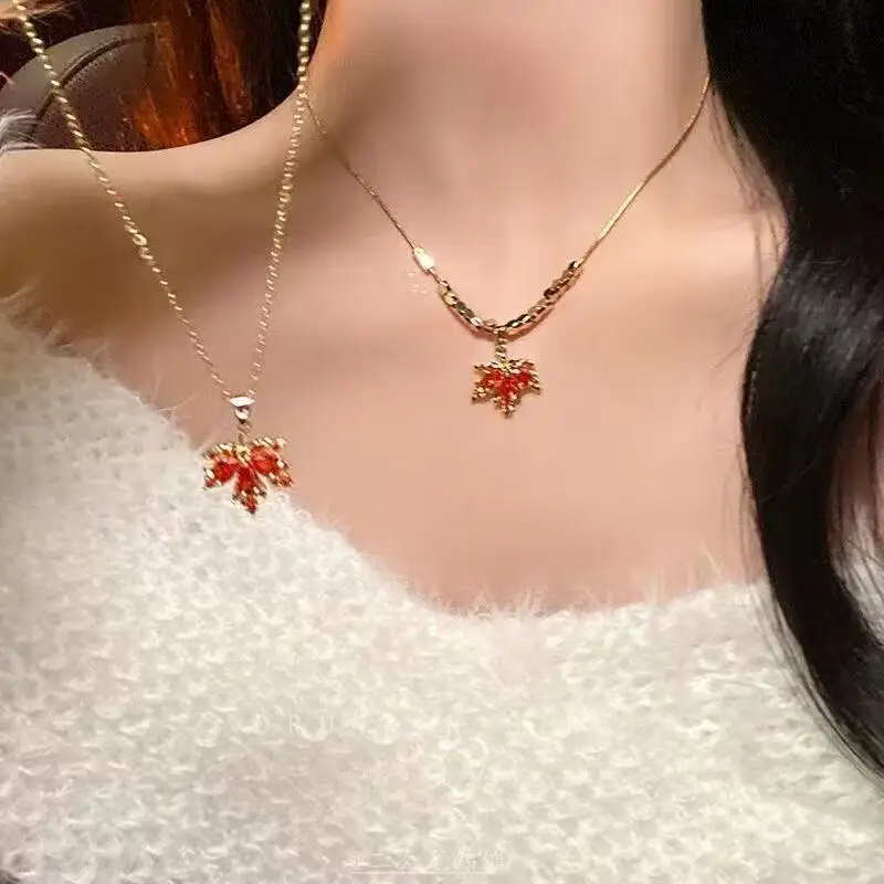 Maple Leaf Pendant Necklace for Women Red Zircon Gold Plated Clavicle Chain Luxury Minimalist Design Sweater Neck Jewelry Gift