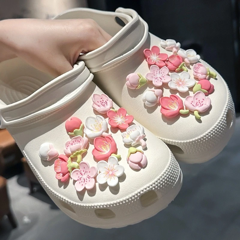 Pink Cherry Blossoms Flowers Shoe Charms For Clogs Bubble Slides Sandals Removable Shoe Decorations Accessories Christmas Gift