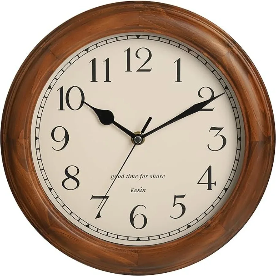 

Retro wooden wall clock, 11 inches round, brown, silent battery-operated with big Arabic numerals for kitchen, living room, cla