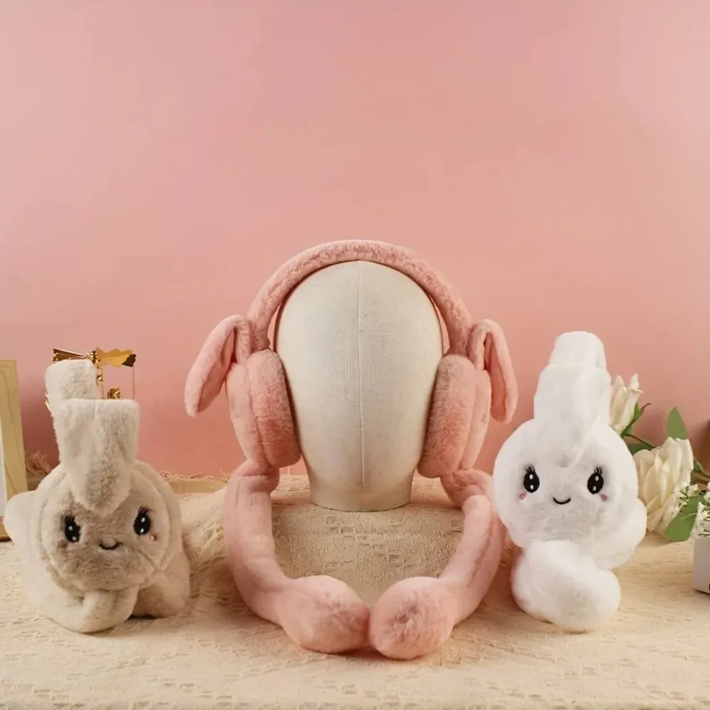 Cartoon Bunny Ear Warmers Plush Knitted Stretchable Polyester Ear Muffs Cozy Winter Ear Covers Reusable Hand Wash Care