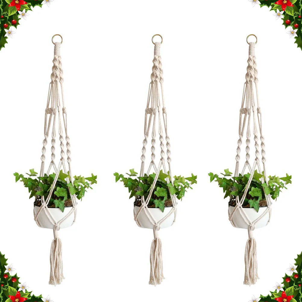 

3pcs Knitted Cotton Hanging For Plant Flowerpot Wall Mounted Decor Flowerpot Net Bag Space Saving Plant Net Bag