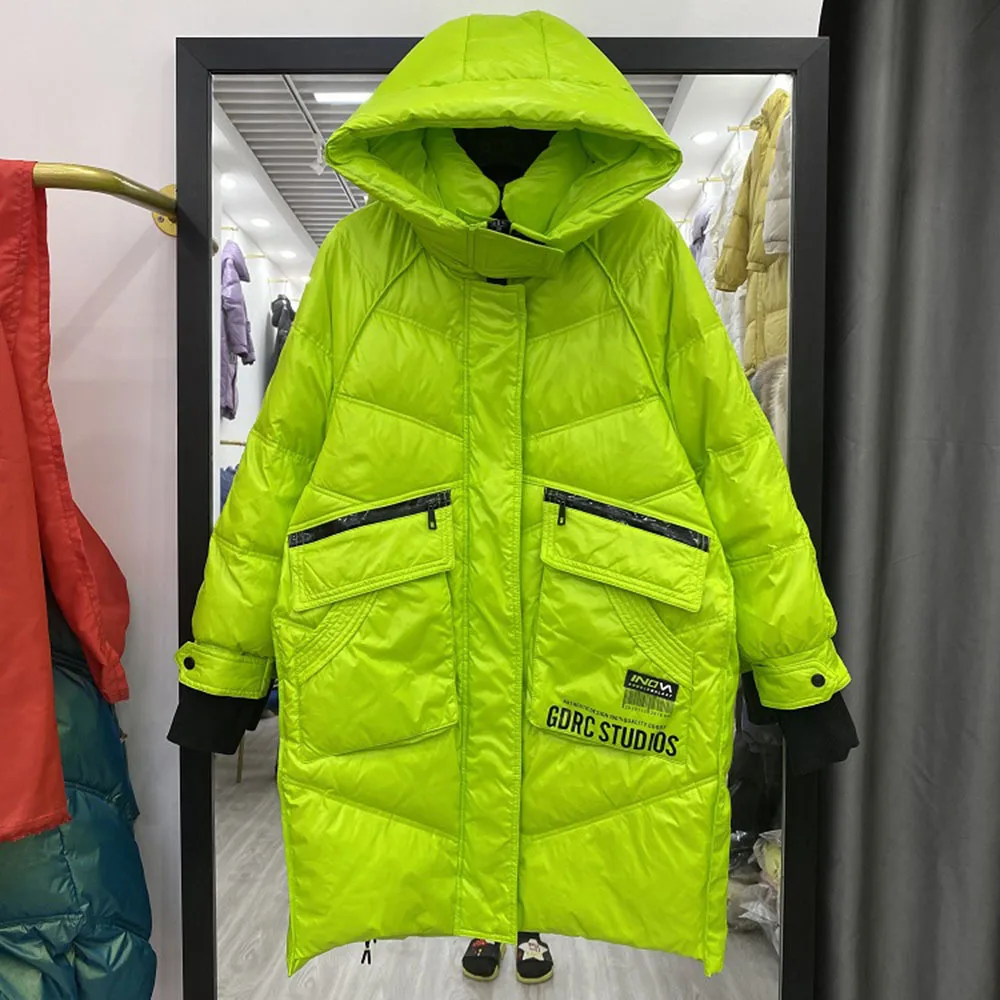 Parkas con capucha para mujer, abrigo de plumón de pato blanco, Chaqueta larga gruesa y cálida, ropa de calle femenina, Invierno 2022