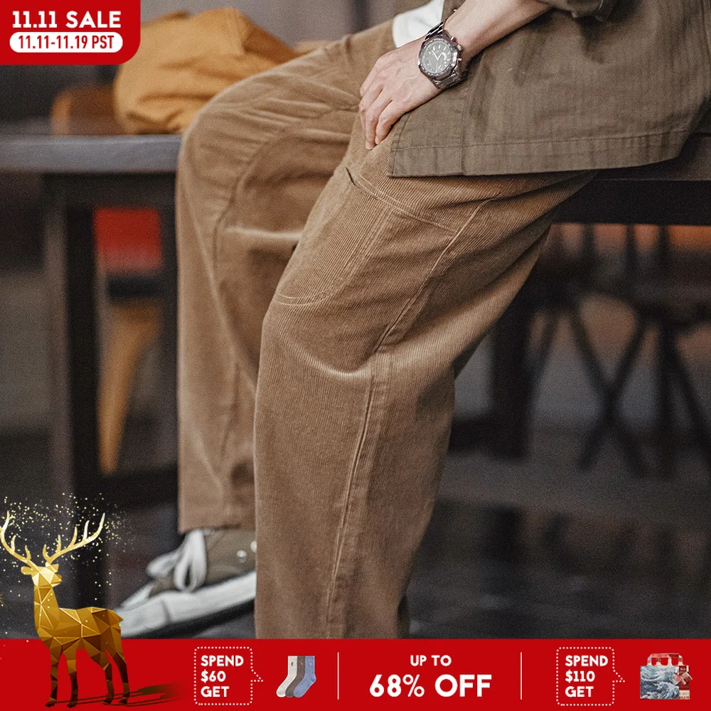 

Хлопковые вельветовые повседневные брюки Maden в стиле ретро с множеством карманов, свободные прямые однотонные универсальные брюки для мужчин на осень и зиму