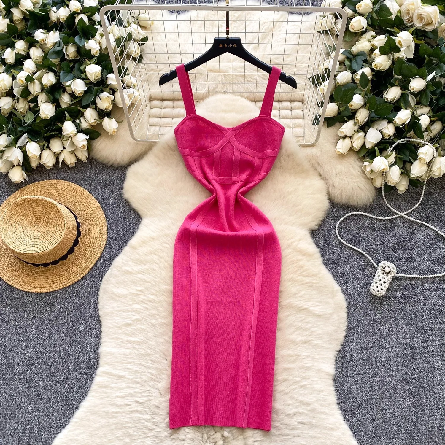 YuooMuoo Schickes, modisches, sexy Wickelkleid aus Strick, Midikleid, Neuheit 2026, mit Spaghettiträgern, figurbetontes Sommerkleid, Damen-Partykleid, Vestido
