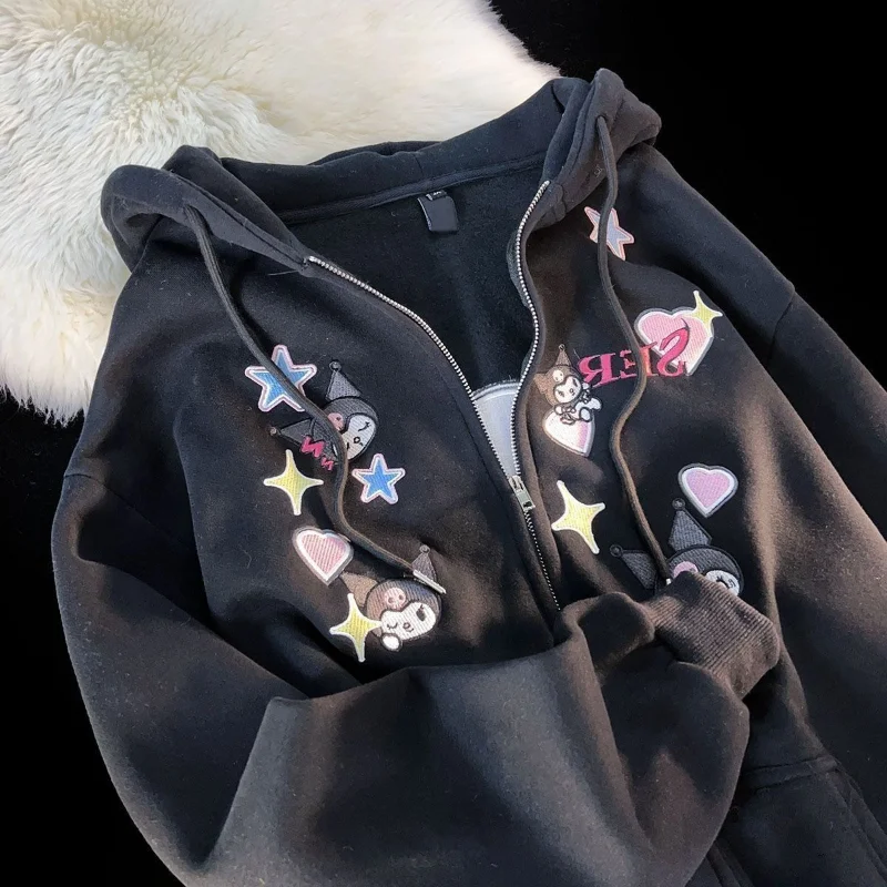 Japanese Preppy Style Sanrio Spring Autumn New Cartoon Kuromi Love Hooded Sweatshirt Women Oversize Loose Zipper Cardigan Coats