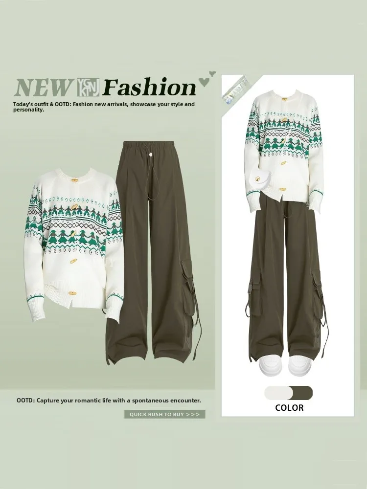 

Комплект Feilao Island: вязаный кардиган и брюки с широкими штанинами для женщин, зимний, в студенческом стиле, милый и стильный, маленький размер, омолаживающий эффект