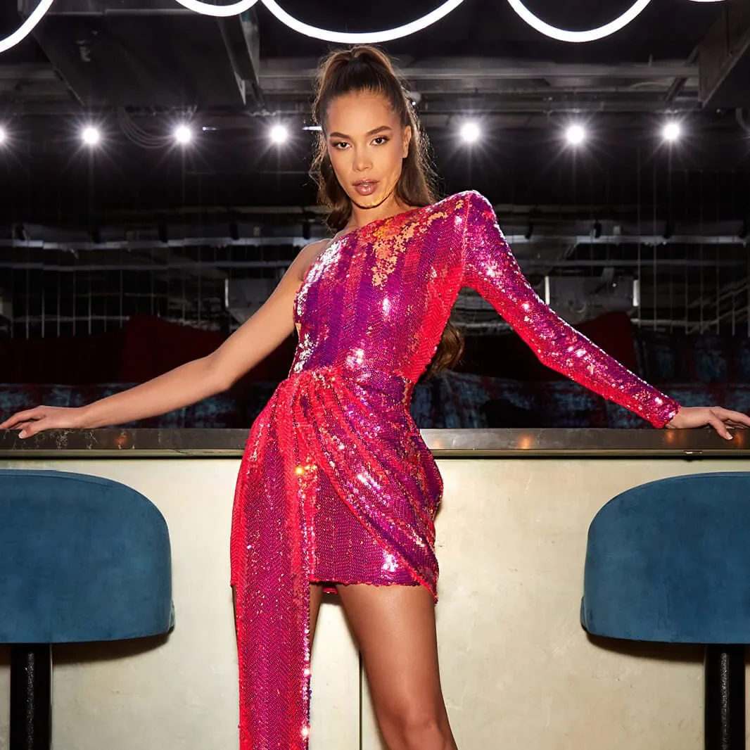 2024 Party Sequin Slim Dress Woman Sexy One Shoulder Dress Golden Princess Costume Oversized Solid Colors High Waist Long Skirts