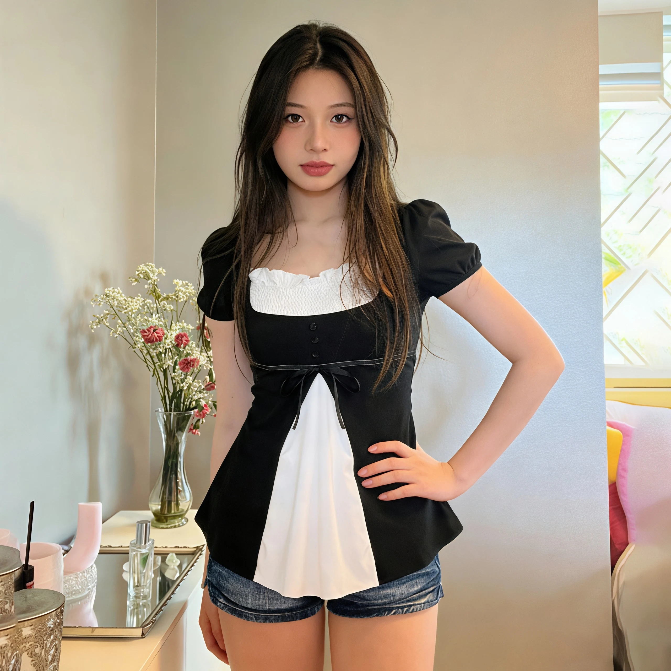 Ins Aesthetic Sweet Women Fake Two‑Piece Shirt Square Neck Puff Sleeves Front Ribbon Bow Slim Flare Hem Casual Summer Top