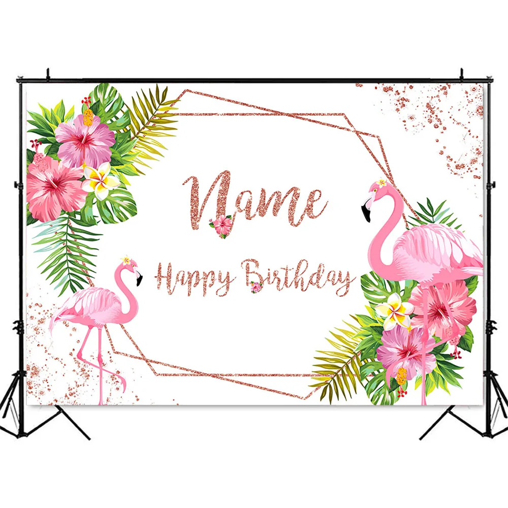Happy Birthday Backdrop Pink Flamingo Theme Pink Rose Gold Glitter Shining Dot Photo Background Customzie Name Photocall Banner