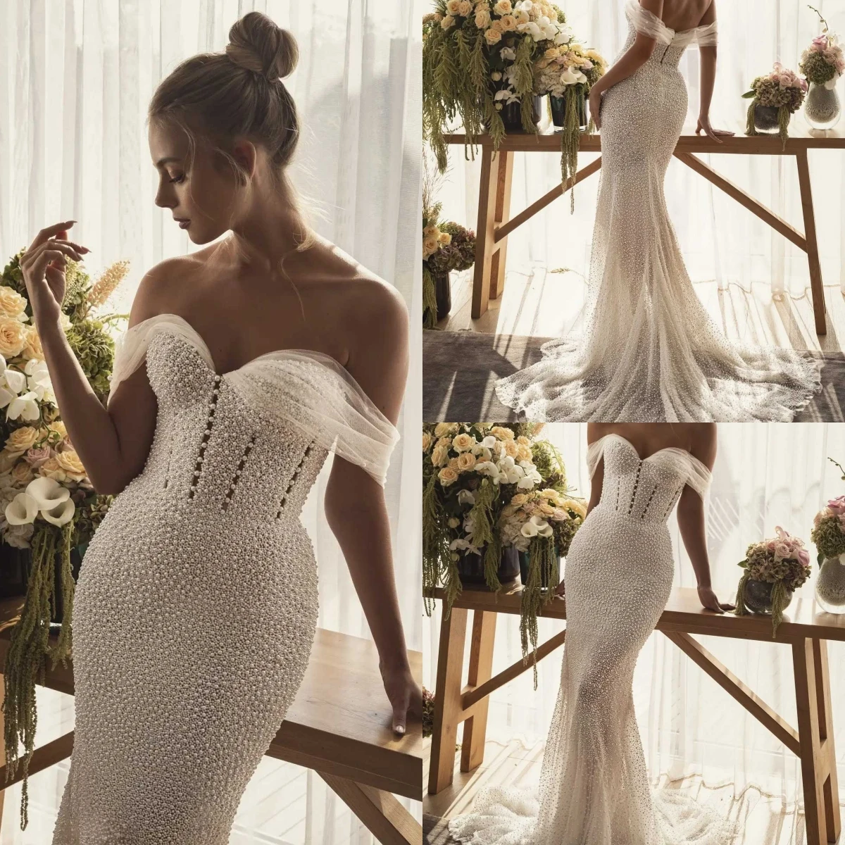 

Luxury Mermaid Gown Wedding Dresses Pearls Lace Strapless Sweep Train Bridal Gowns Big Size Vestidos De Novia Custom Size Colour