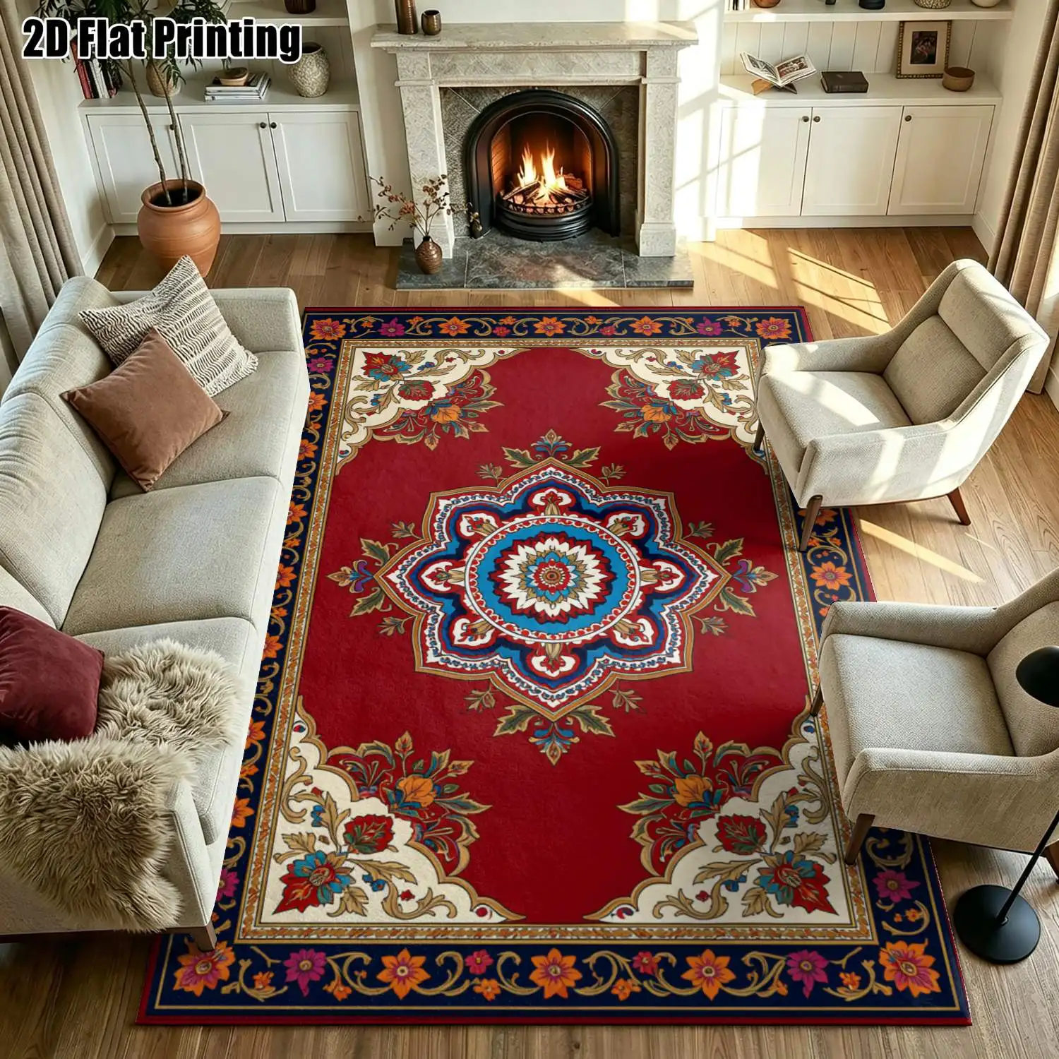 1Pc 2D Printed Gray-Blue Retro Ethnic Carpet, European/Bohemian Style, Home Decor, Multi-Size, Machine Washable, Multi-Scene Use