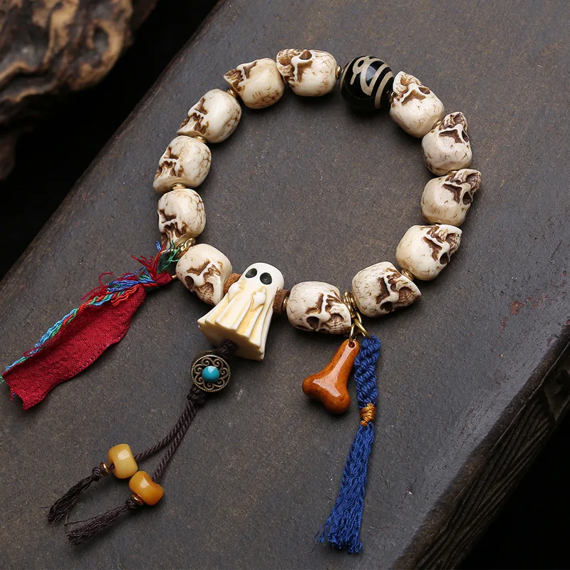 Tibetan-style bone-carved bracelet for men, with deer antler, Kintsuke, three-way copper beads, agate, and Dzi bead acc
