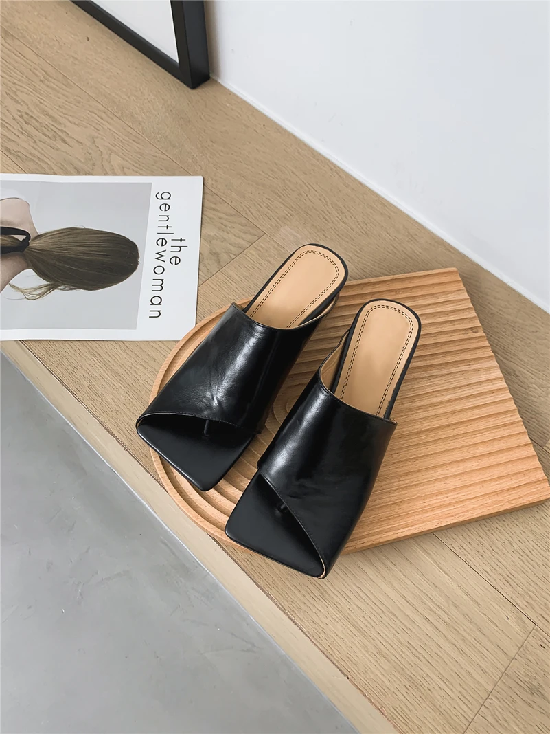 Meotina Women Genuine Leather Sandals Thick Mid Heel Slides Square Toe Sewing Concise Slippers Lady Summer Shoes Claret 40