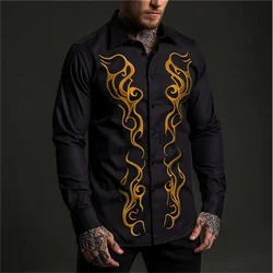 2024 Men's Shirt Long Sleeve Slim Button Lapel Summer Jacket Fashion 3D Gold Line Strips 3D Printing Noble Prom Party Jacket