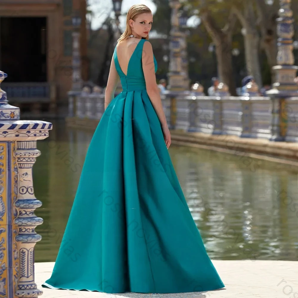 فستان سهرة من الساتان عالي الجودة طويل على شكل حرف V فساتين سهرة فاخرة للنساء 2024 على شكل حرف A بدون أكمام فساتين حفلات الزفاف الأنيقة #2