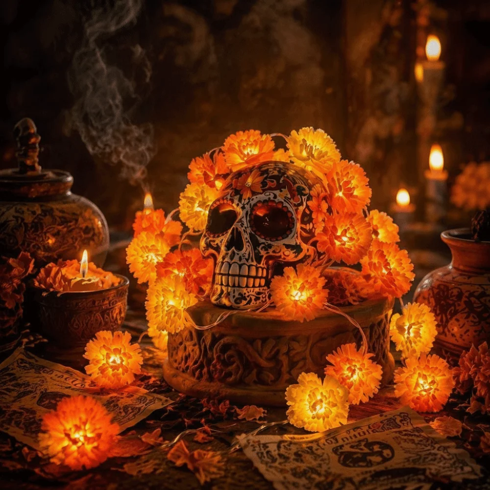 Mexican Style Halloween Marigold Led Lights Warm Light Orange DIY Garland String Lights Creative Funny