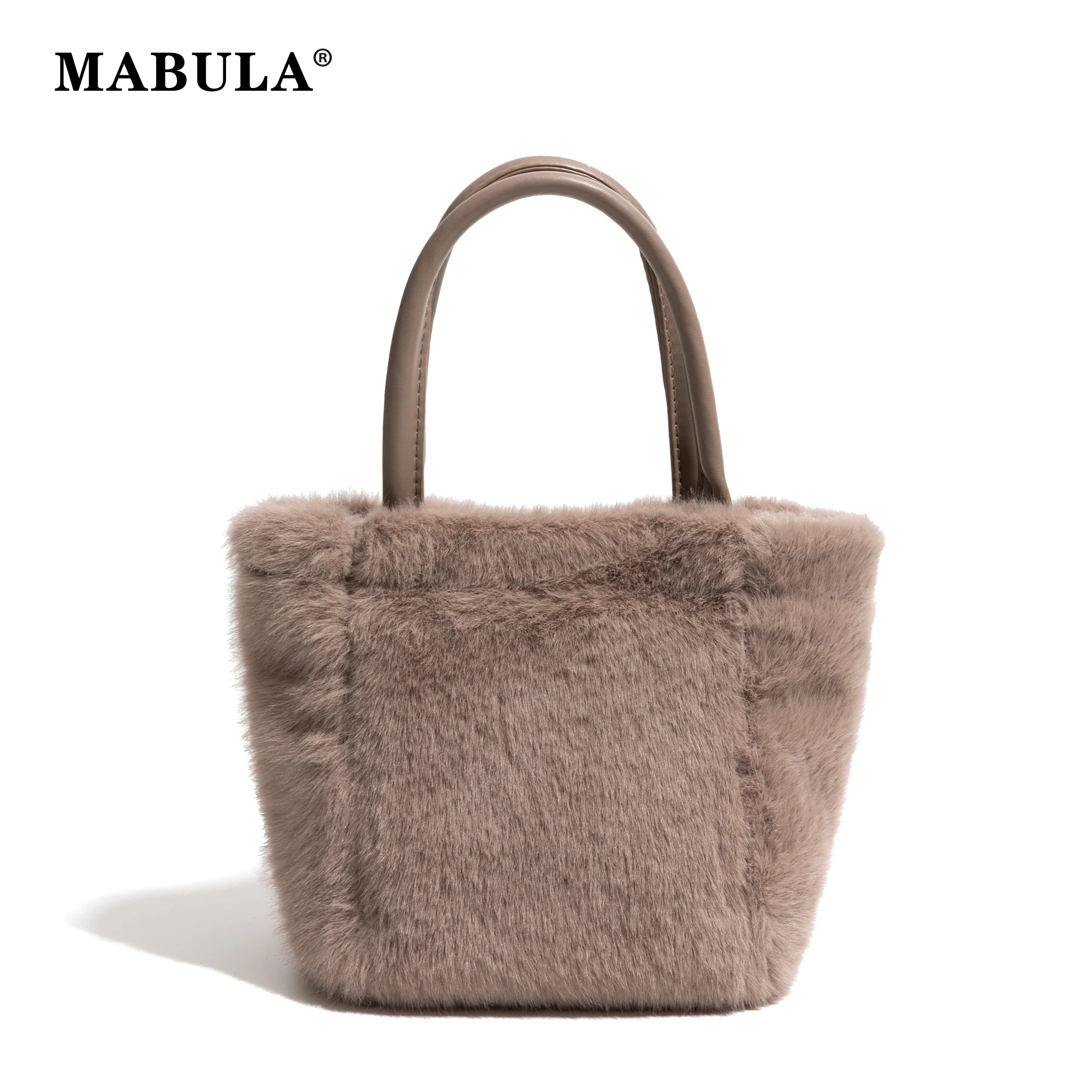 

MABULA Winter Plush Fluffy Stylish Crossbody Commuter Bag Faux Fur Leather Handle Women's Tote Handbag Ladies Daily Phone Purse