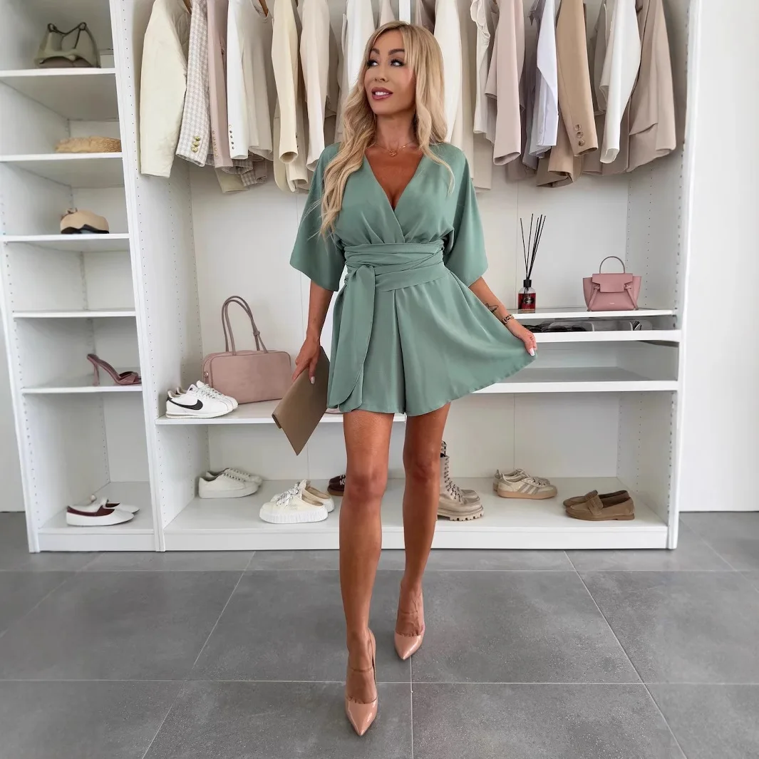 

Amazon 2026 Fashionable And Skirt Neck Short Sleeve Tie Casual Jumpsuit High Waist Elegant Commuting Outfit