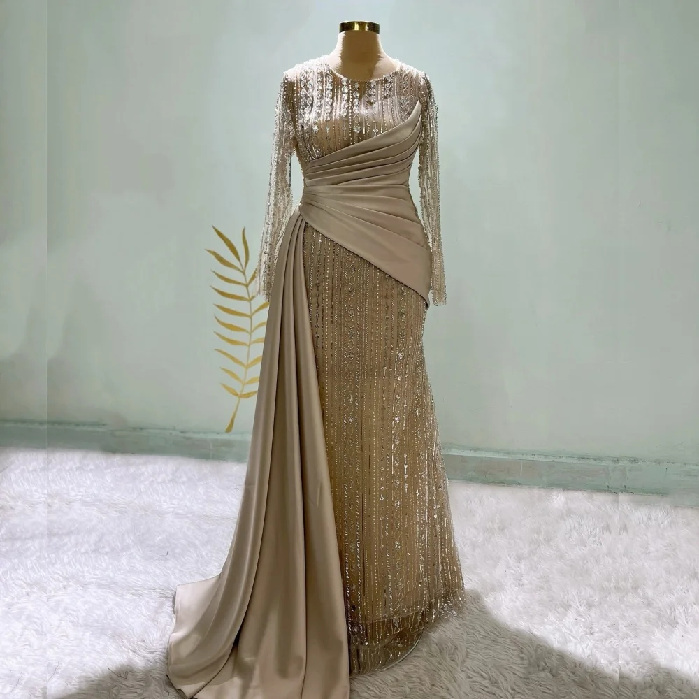 

Customized High Quality Wedding Party Dress Pleat Long Sleeves Trumpet Long Dresses Bespoke Occasion Luxury Evening Gowns