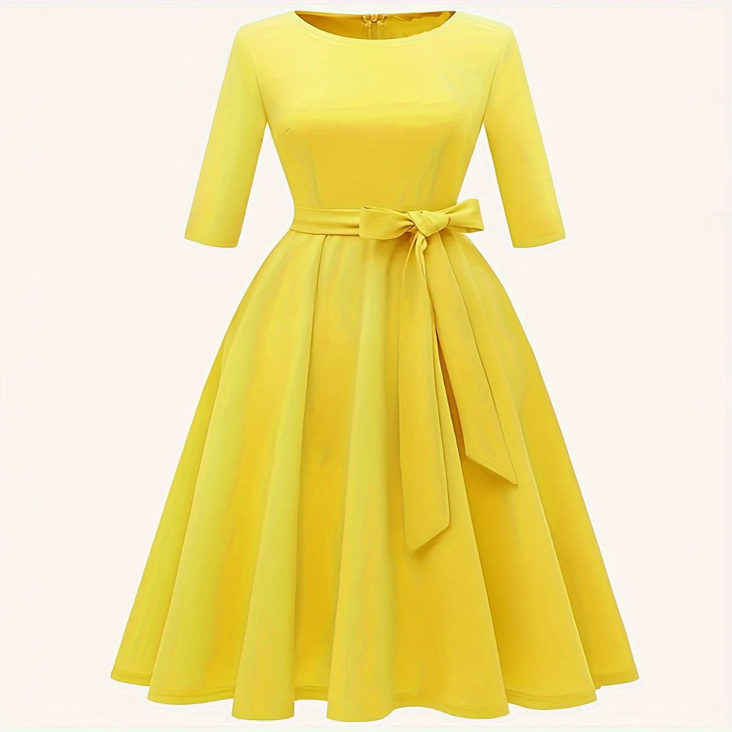 3/4 Sleeve A-Line Peplum Midi Dress - Elegant Solid Color Crew Neck Casual Party Dress for Women - Polyester, No Elasticity, Wov