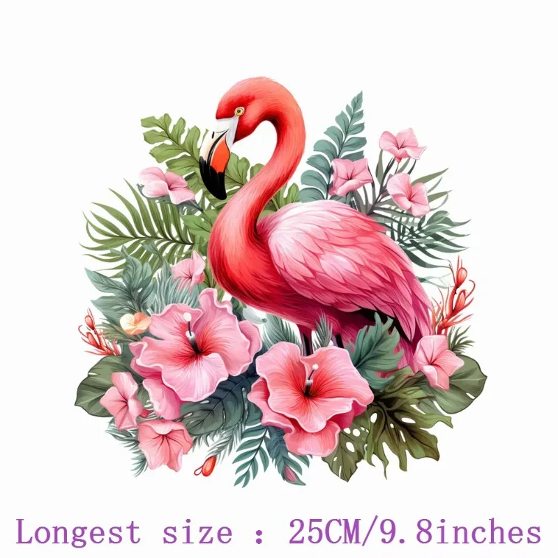2pcs 25cm Flower Bird Flamingo Parrot Iron Heat Thermal Transfer Sticker Fusible Applique Iron On Thermoadhesive Decal Clothes