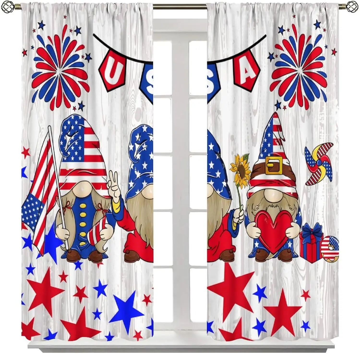 US Flag Gnome Firework Curtains, Red Blue Plaid Star Thermal 2 Panels Rod Pocket Drapes for Holiday Bedroom Living Room Decor