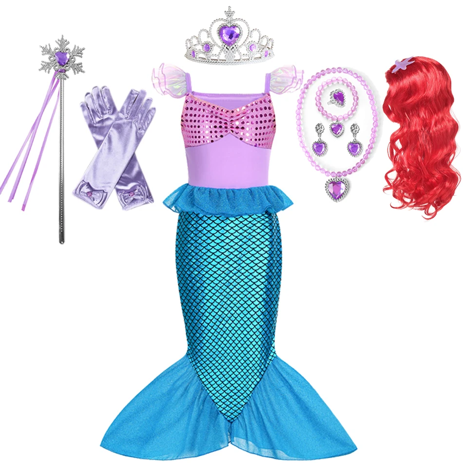 Little Mermaid Ariel Princess Dress For Kids Girls Ruffles Sleeve Cosplay Costume Children Carnival Birthday Party Gown Clothes