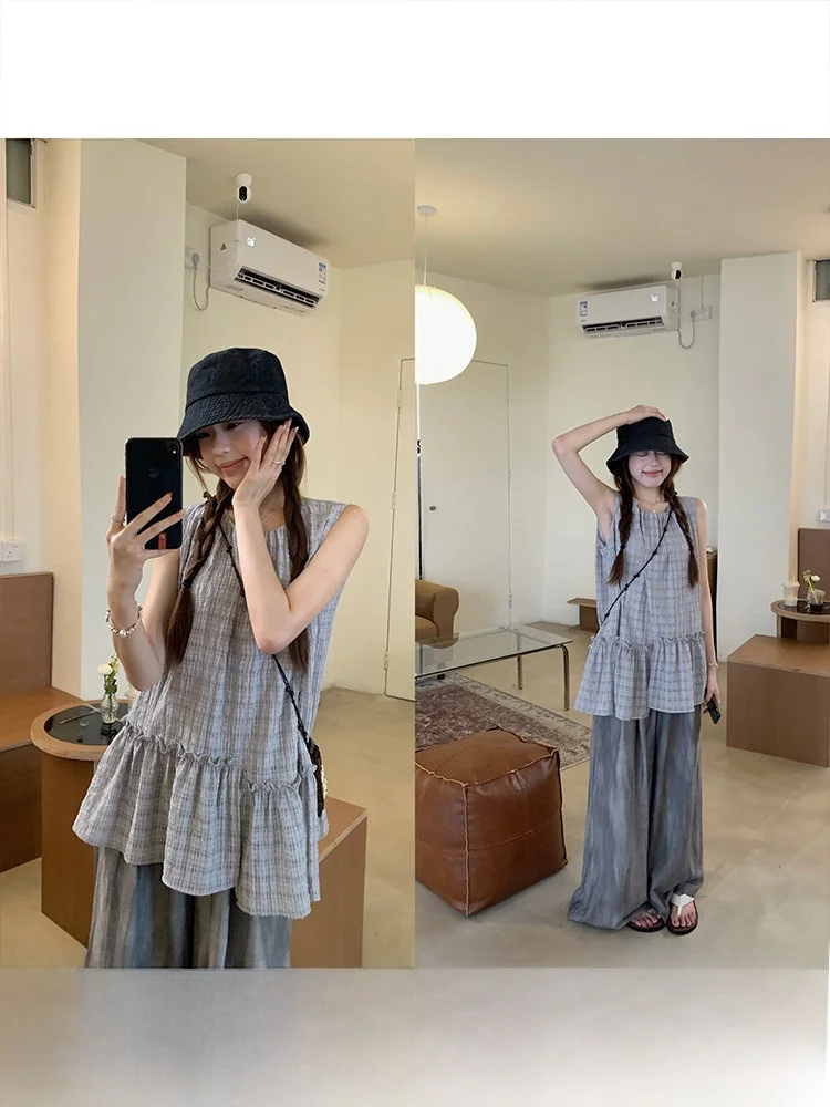 

Корейская женская блузка с круглым вырезом и кружевной отделкой, в клетку, универсальный топ для повседневной носки